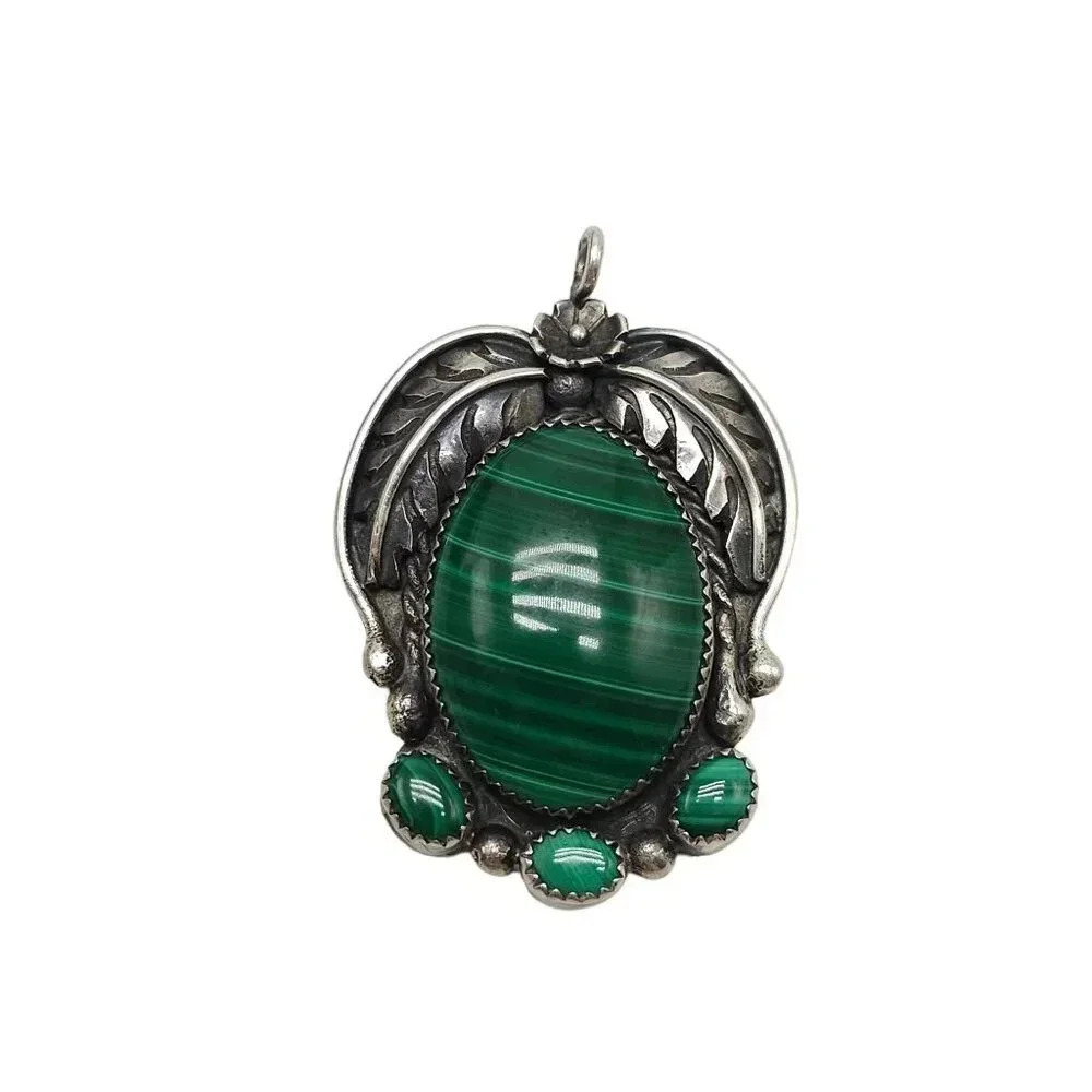 Sterling Silver Malachite Pendant With Ornate Leaf Design Triple Accent Stones